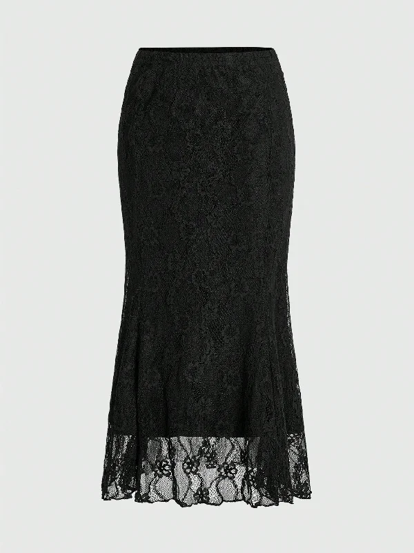 Classic Victorian Witch  Lace Mermaid Hem Midi Skirt spandex blend skirt