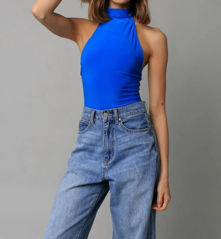 Open Back Bodysuit In Royal Blue Elegant Button-Up Bodysuit
