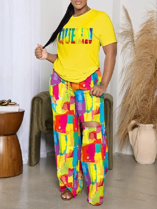 Summer Fashion Queen Letter Print Short Sleeve Top & Cutout Long Pants Set XL 444149 Comfy High-Waist Jeans