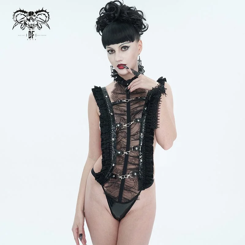 Women's Gothic Ruffled Lace Lingerie Bodysuit Comfortable Shaping Bodysuit
