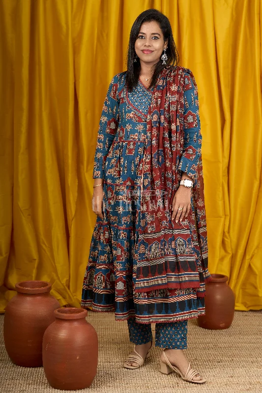 Blue Cotton Anarkali Dress with Temple Motifs and Embroidered Dupatta Tunics Luxurious high-end