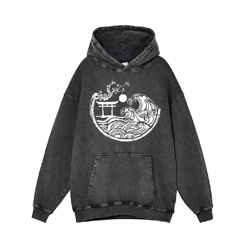 Torii Gateway Print Vintage Washed Hoodie Hoodie with Pocket Utility Practical