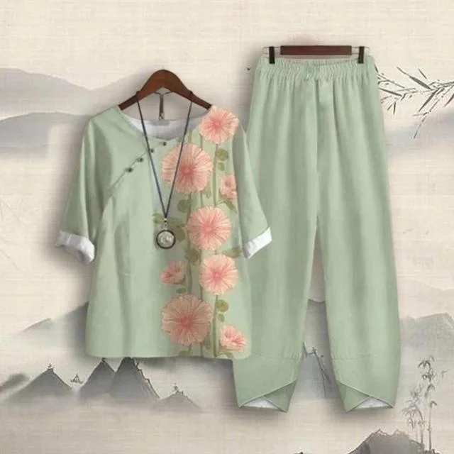Cotton 2 Piece Outfits For Women Boho Wide Leg Pants Suit 0010070 Chic Checkered Pants