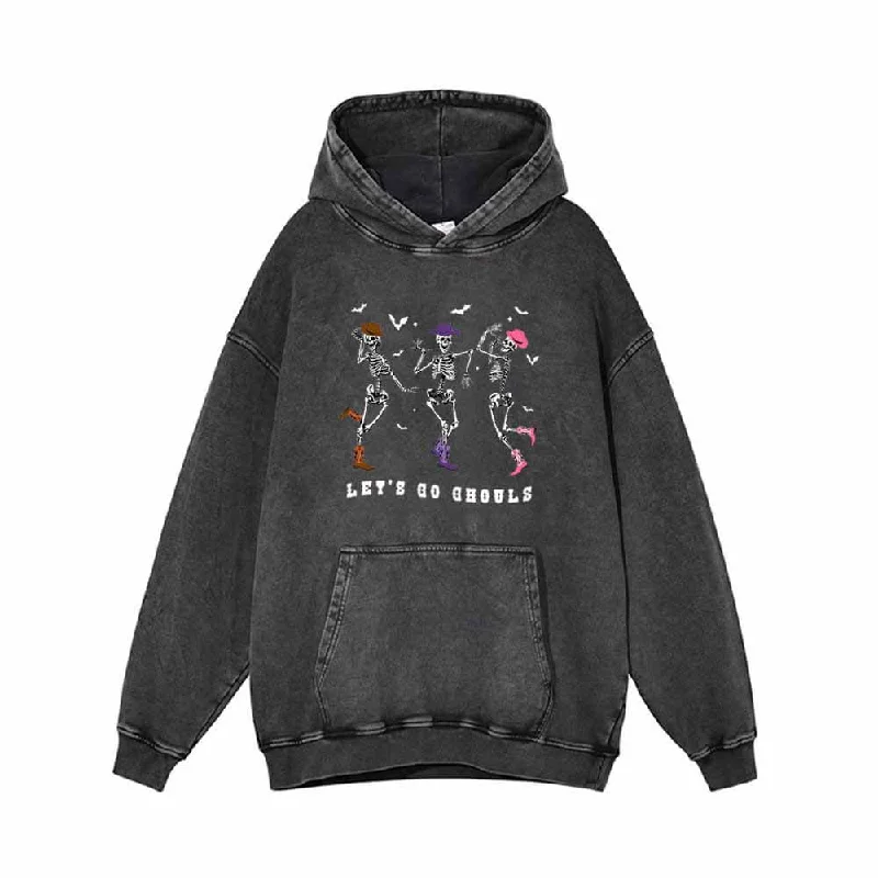 Let’s Go Ghouls Dance Skull Vintage Washed Hoodie Hoodie with Side Slits Relaxed Casual