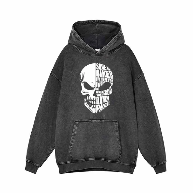 Save A Biker Letters Design Skull Head Print Hoodie Hoodie with Drawstring Waist Adjustable Fitted