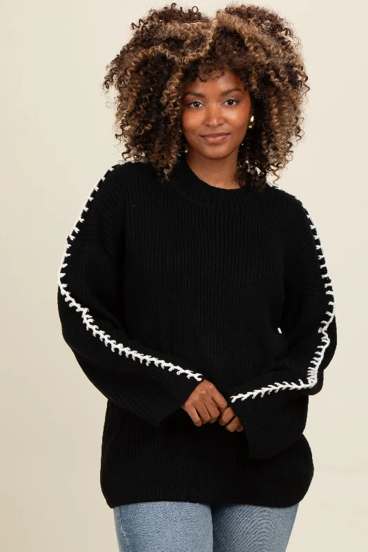 Black Contrast Stitch Sweater Faux Fur Fabric Real Fur Fabric Shearling Fabric