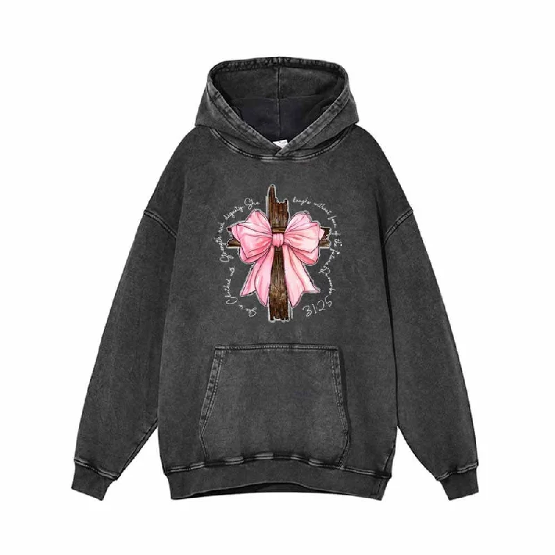 Cross With Bow Vintage Washed Hoodie Hoodie with Rhinestones Sparkly Elegant