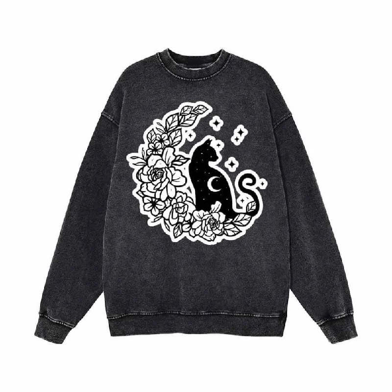 Mystical Cat On The Flower Moon Vintage Washed Sweatshirt Hoodie with Embroidery Detailed Premium