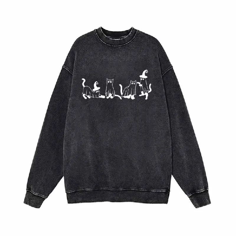 Spooky Ghost Cat Vintage Washed Sweatshirt Hoodie with Half-Zip Sporty Casual