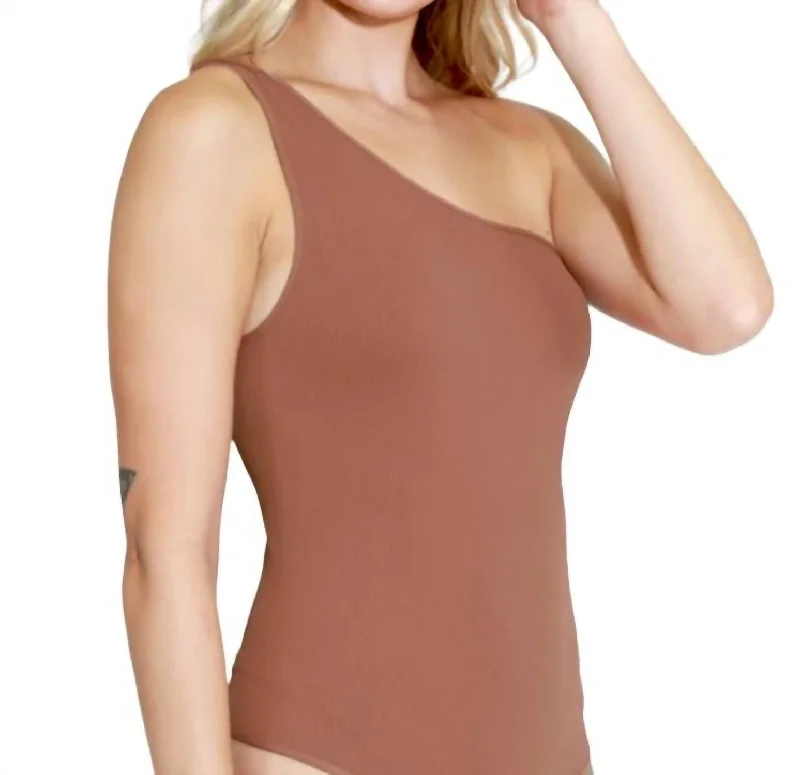 Ribbed One Shoulder Bodysuit In Cognac Fashionable Bodysuit with Snaps