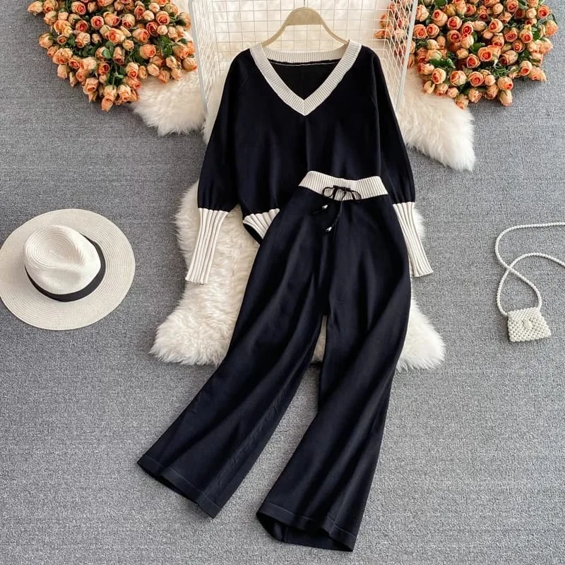 Stylish Autumn New Pant Sets Women V-neck Contrast Color Knitted Tops + Elastic High Waist Wide-leg Pants Two-piece Suit S429760 Fashionable Tapered Leg Pants