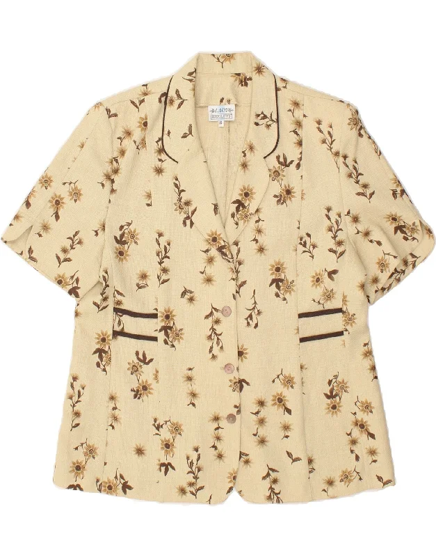 VINTAGE Womens 3 Button Short Sleeve Blazer Jacket UK  22 3XL Beige Floral Chenille Fabric Brocade Fabric Lace Fabric