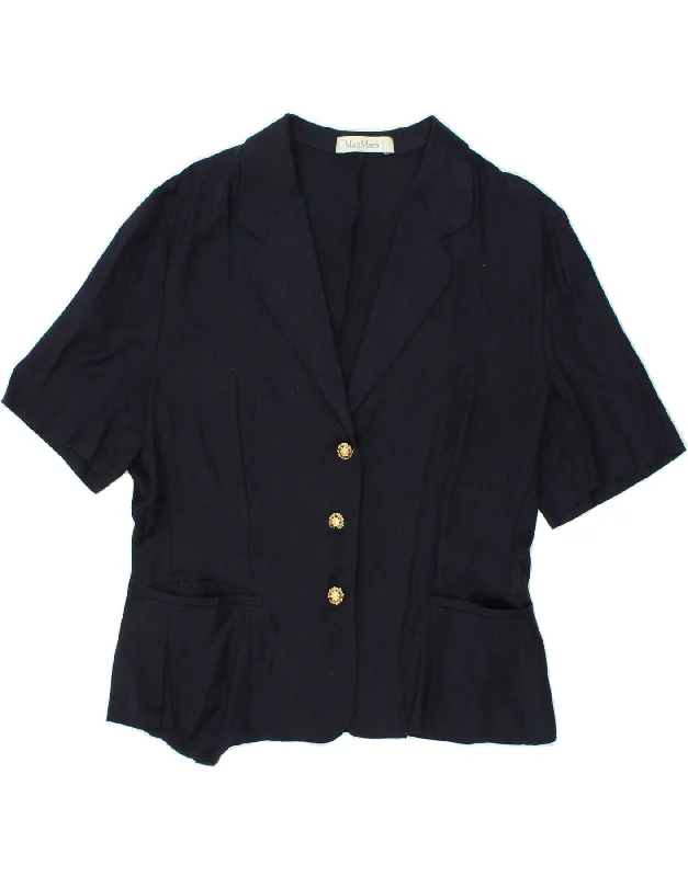 MAX MARA Womens Short Sleeve 3 Button Blazer Jacket UK 14 Large Navy Blue Front Pockets Side Pockets Patch Pockets