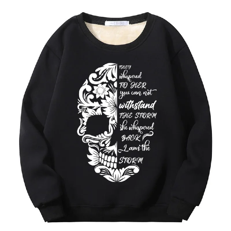 Flower Half Skull Head Crew Collar Fleece Sherpa Sweatshirt Hoodie with Lining Warm Insulated