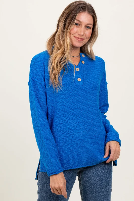 Blue Diamond Knit Button Detail Sweater Chenille Blend Fleece Blend Nylon Blend