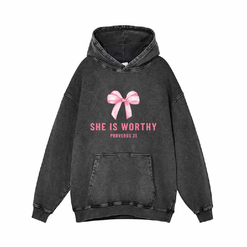 Pink Bow She is Worthy Vintage Washed Hoodie Hoodie with Monochrome Minimalist Simple