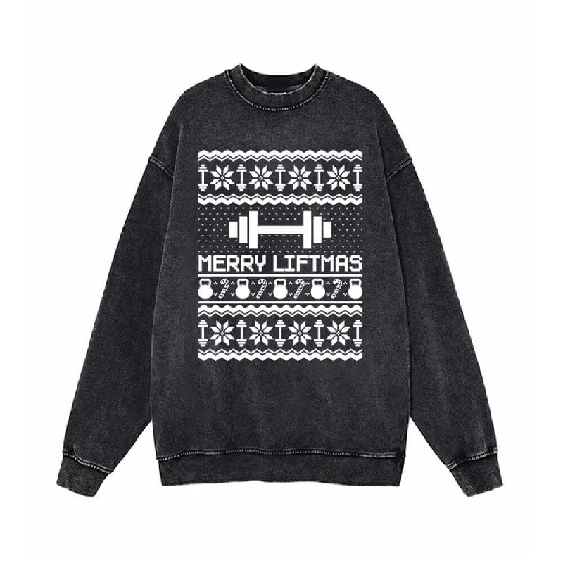 Merry Liftmas Dumbbell Pattern Vintage Washed Sweatshirt Hoodie with Patch Decorative Personalized