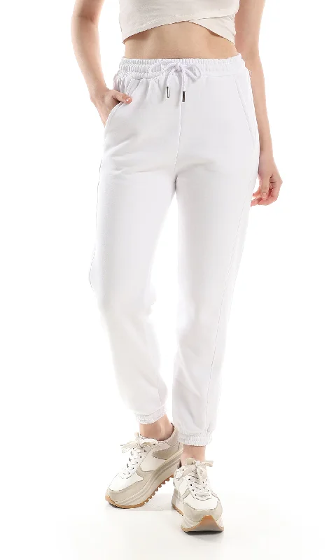 O162763 Inner Fleece Comfy Elastic Waist Pants - White Soft Stretch Trousers