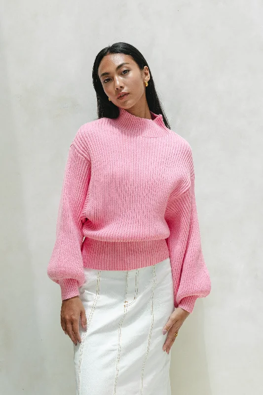 Grace Pink Balloon Sleeve Knit Sweater Fleece Sweater Nylon Polyester