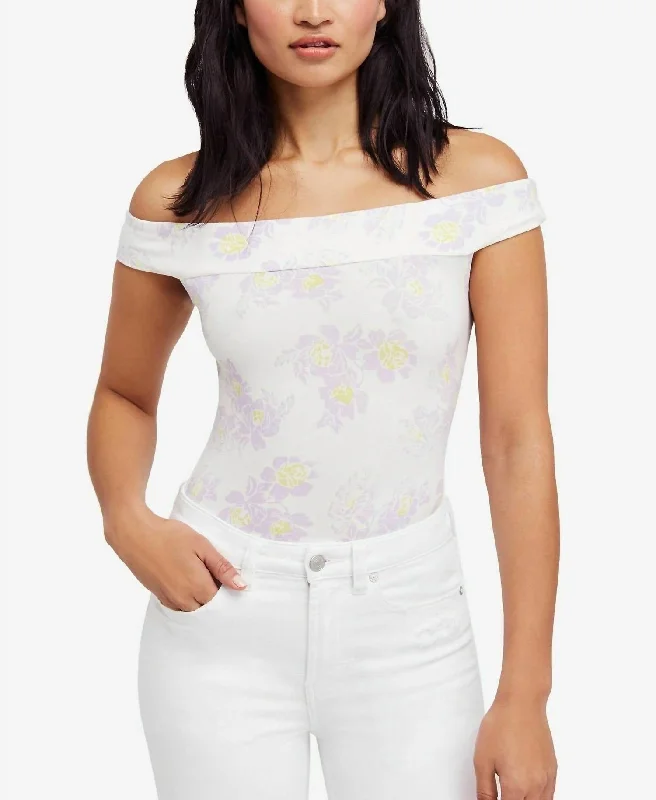 So Much Stretch Flowers Off Shoulder Bodysuit In White Stylish High-Waisted Bodysuit