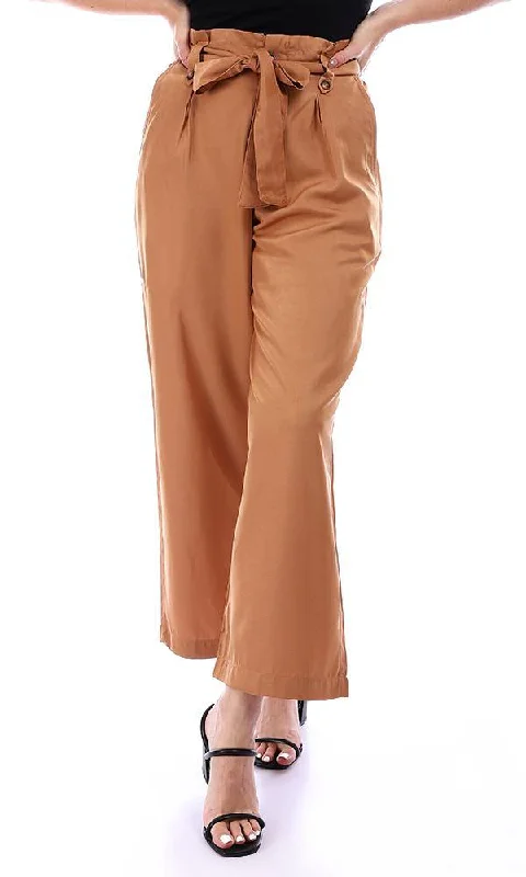 94833 Relaxed Fit Solid Camel Pants with Belt Casual Yoga Pants