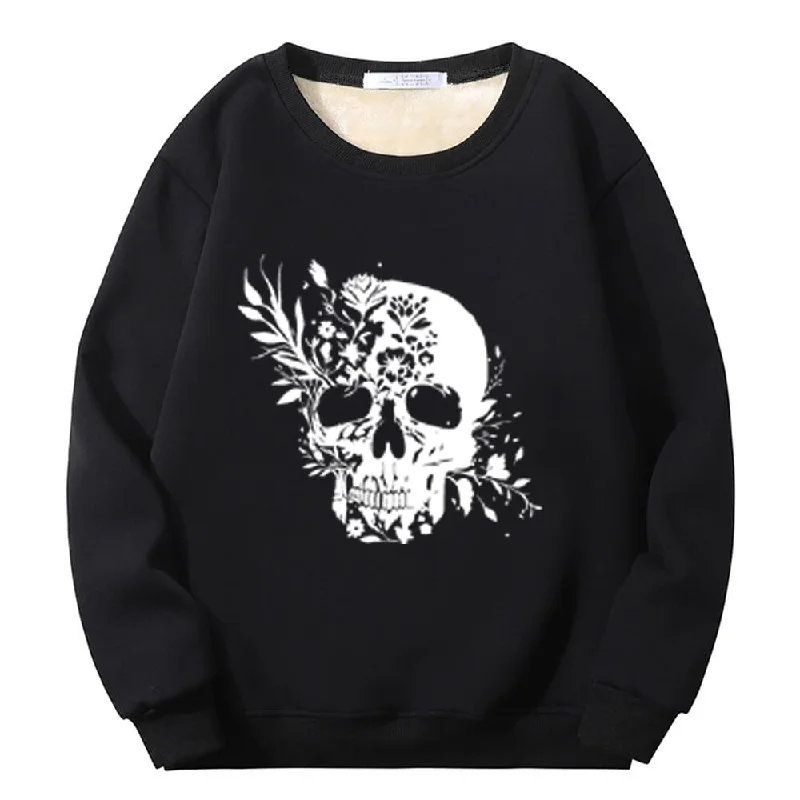 Multicolor Floral Skull Crew Collar Fleece Sherpa Sweatshirt Hoodie with Elastic Cuffs Stretchable Comfortable