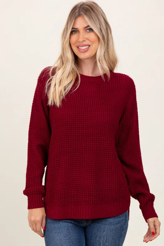 Burgundy Waffle Knit Rounded Hem Sweater Welt Pockets Slit Pockets Flap Pockets
