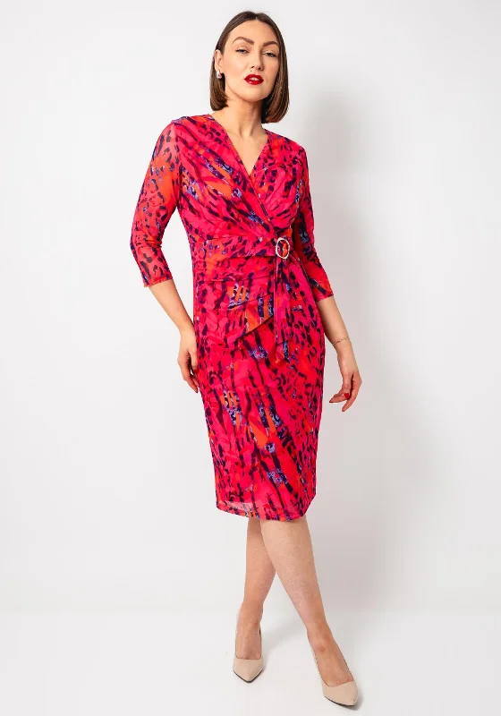 Avalon Printed Mesh Wrap Pencil Dress, Pink Tunics Party sparkling