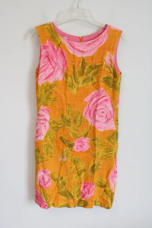 Alex Coleman California 1960's Yellow Pink Floral Vintage Shift Dress | M Crew Neckline Casual