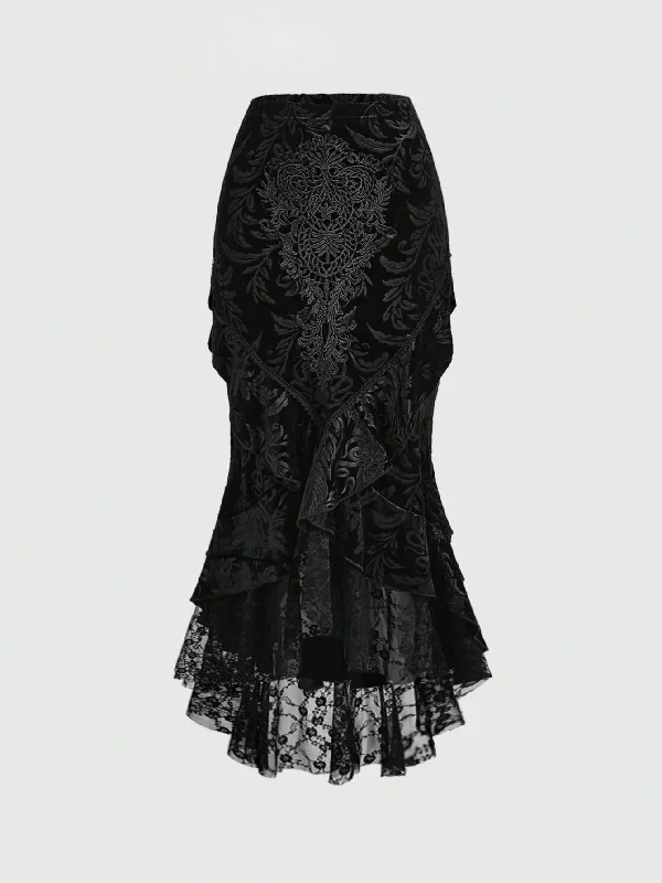 Victorian Witch  Skull Embossed Velvet Spliced Lace Mermaid Skirt modal blend skirt