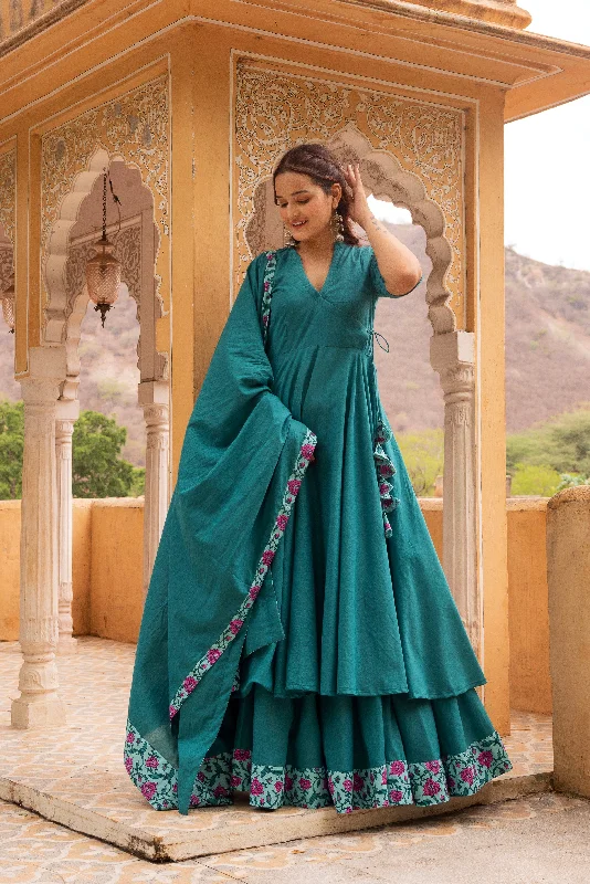 Pomcha Jaipur Gaurangi Teal Green Angrakha Skirt Set silk skirt lustrous