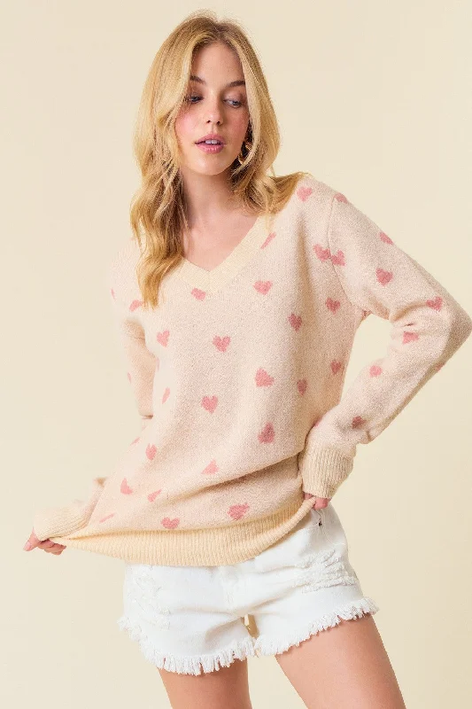 Cream Heart Print Knit Sweater Boxy Sweater Fitted Sweater A-Line