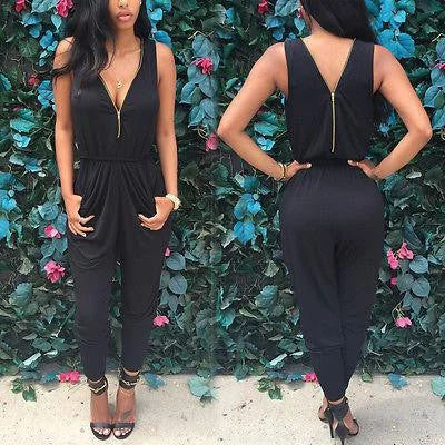 Women Jumpsuit Romper lady Sleeveless chiffon bodysuit women Black Trousers long pants in womens clothes sexy women playsuit Fashionable Bodysuit with Button Front