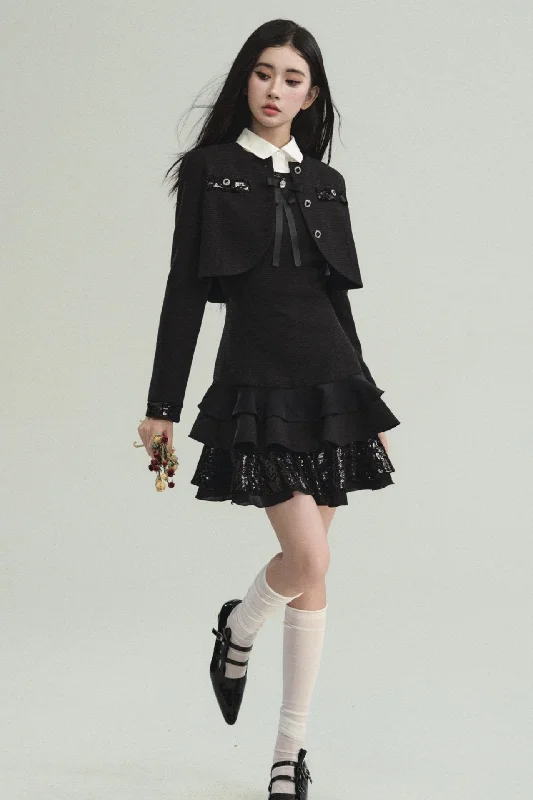 Midnight Glamour Cropped Bolero and Ruffled Cocktail Dress Set Tunics Cozy soft
