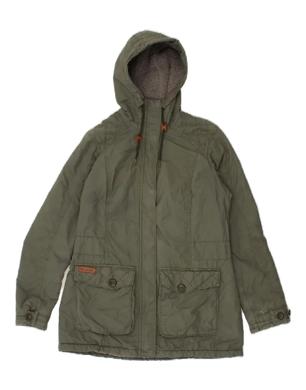 COLUMBIA Womens Hooded Windbreaker Jacket UK 14 Medium Green Cotton Front Pockets Side Pockets Patch Pockets