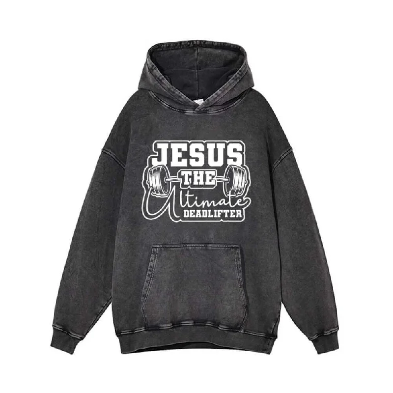 Jesus The Deadlifter Dumbbell Pattern Vintage Washed Hoodie Hoodie with Strings Custom Fit Adjustable