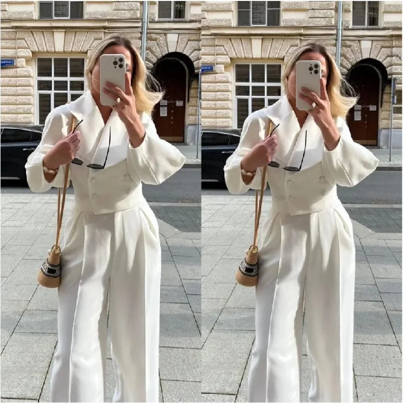 Women's Sets Autumn&Winter Fashion Woolen Set Lantern sleeve large lapel suit high waisted straight leg pants two-piece set S DL0384 Casual Drawstring Pants
