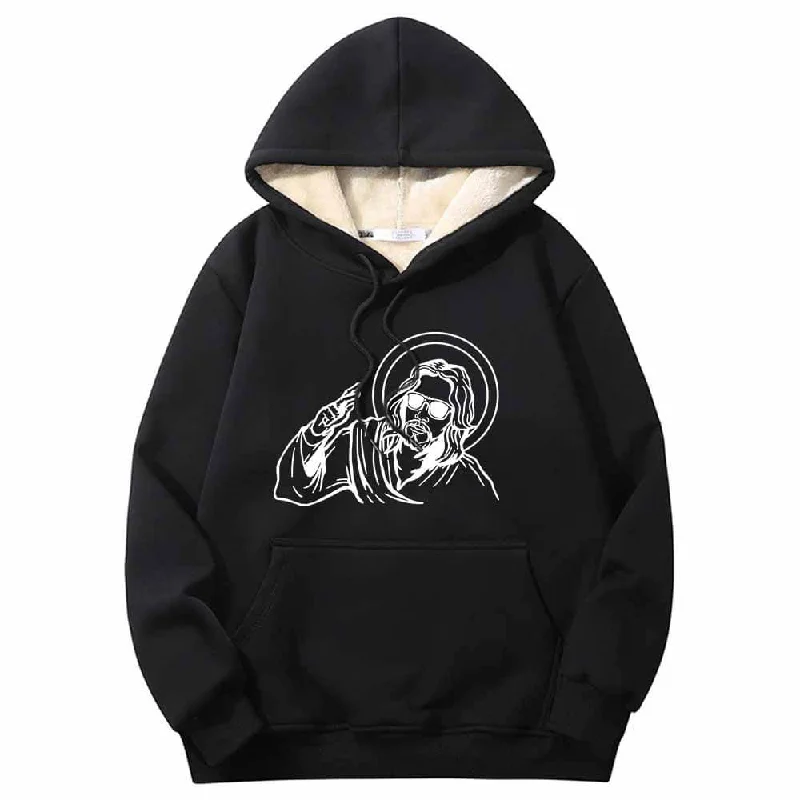Jesus Wearing Sunglasses Crew Collar Fleece Sherpa Hoodie Hoodie with Pattern Geometric Abstract