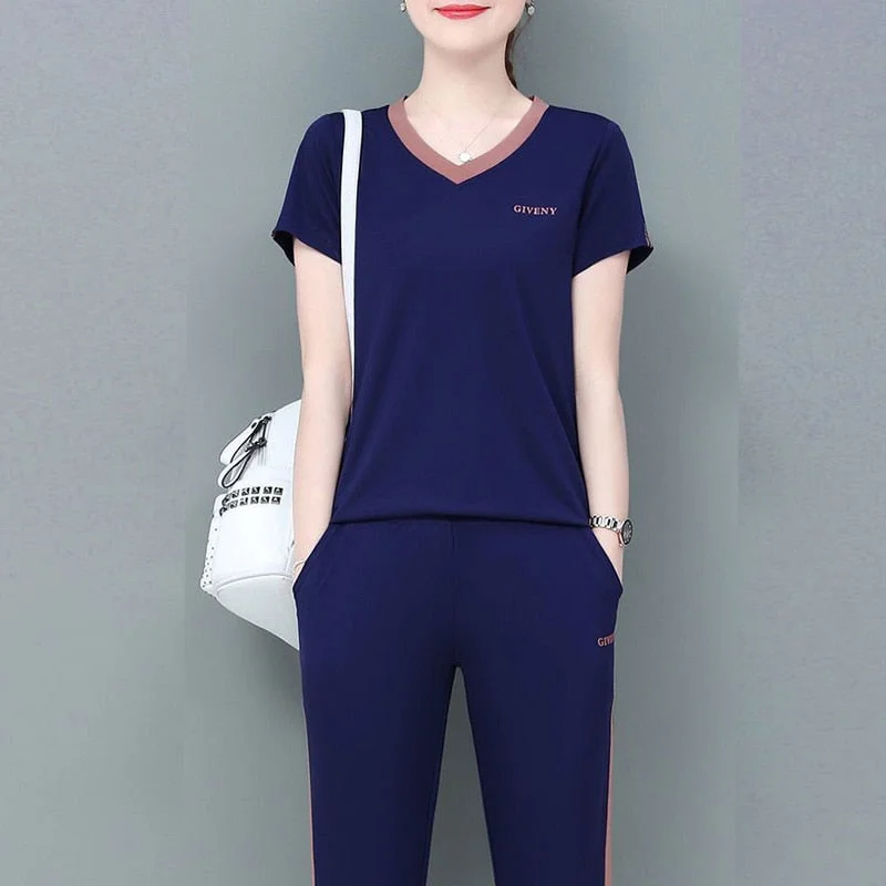 2 Pcs Women's Short Sleeve Letter/Number Pants Set S 390882 Trendy Velvet Pants