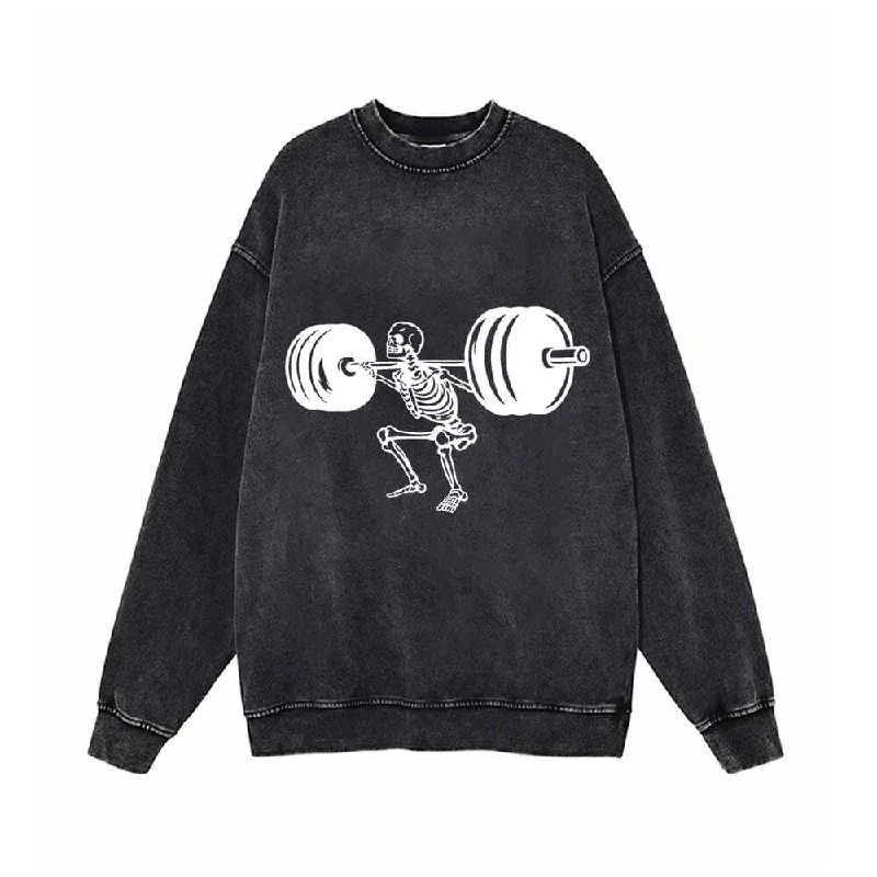 Skeleton Barbell Squat Vintage Washed Sweatshirt Hoodie with Zipper Placket Modern Functional