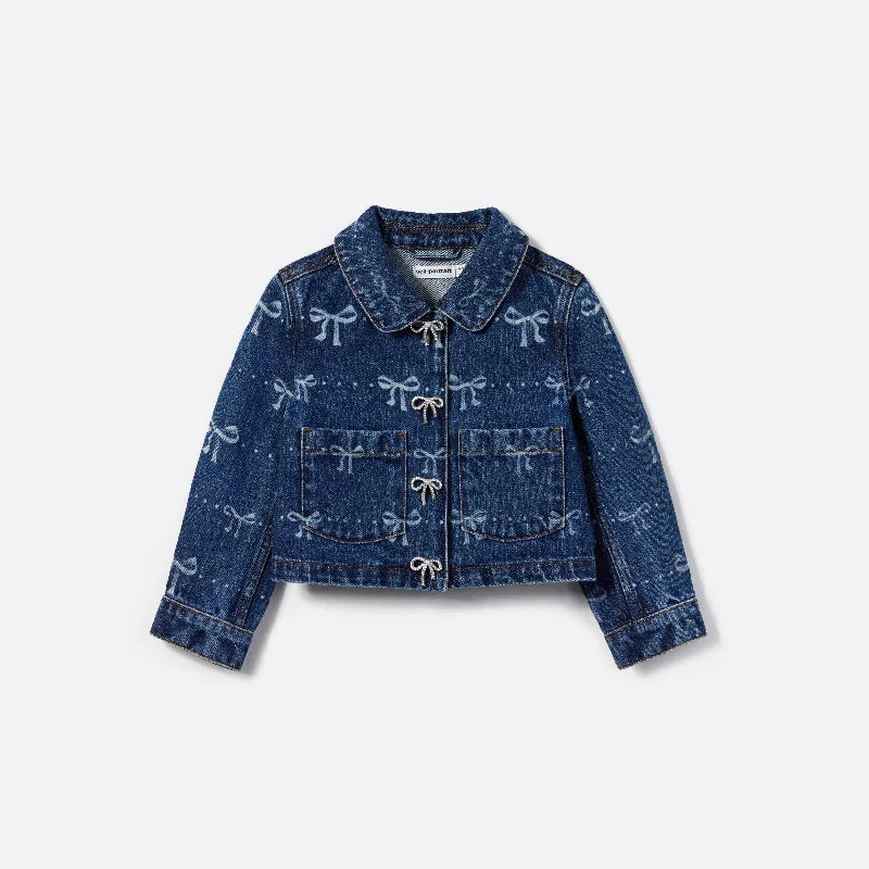 Girls Denim Bow Print Jacket in Blue Faux Fur Jacket Real Fur Jacket Shearling Jacket