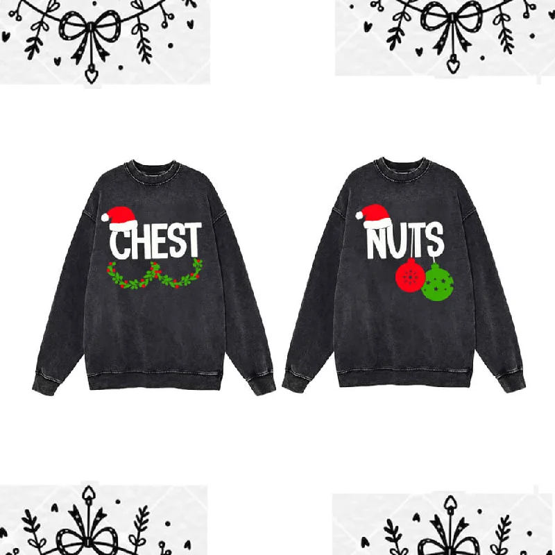 Chest And Nuts Vintage Washed Christmas Couple Sweatshirt Hoodie with Frayed Bohemian Relaxed