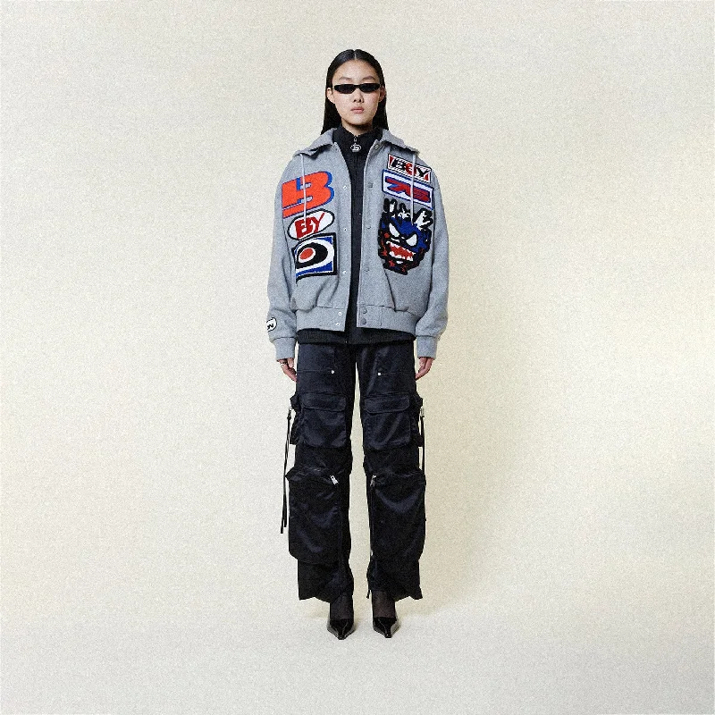 WOMENS MOTO STICKER BOMBER VARSITY JACKET Knit Fabric Woven Fabric Fleece Fabric