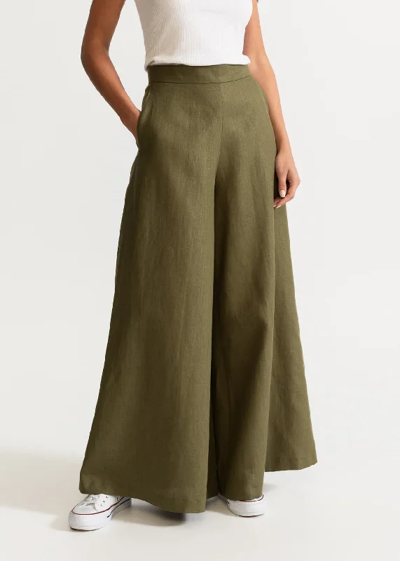 Women's Palazzo Linen Pants  Khaki Warm Wool Trousers