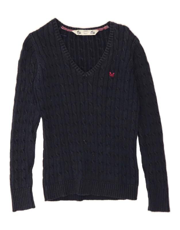 CREW CLOTHING Womens V-Neck Jumper Sweater UK 12 Medium Navy Blue Cotton Spandex Blend Rayon Blend Denim Blend