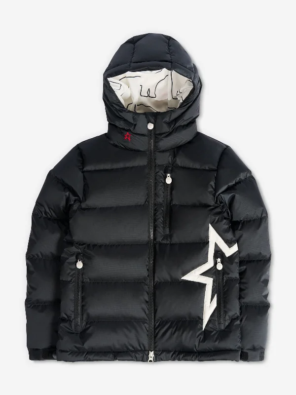 Perfect Moment Kids Super Mojo Down Puffer Jacket in Black Snapped Jacket Toggled Jacket Drawstring Jacket