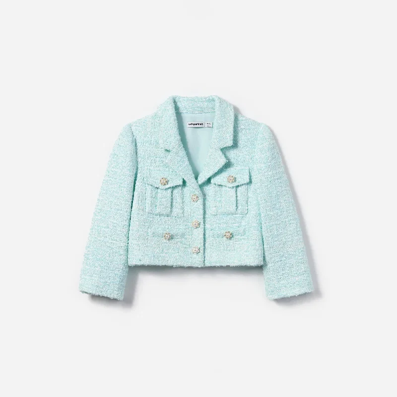 Girls Boucle Flower Sequin Jacket in Blue Wool Jacket Cashmere Jacket Tweed Jacket