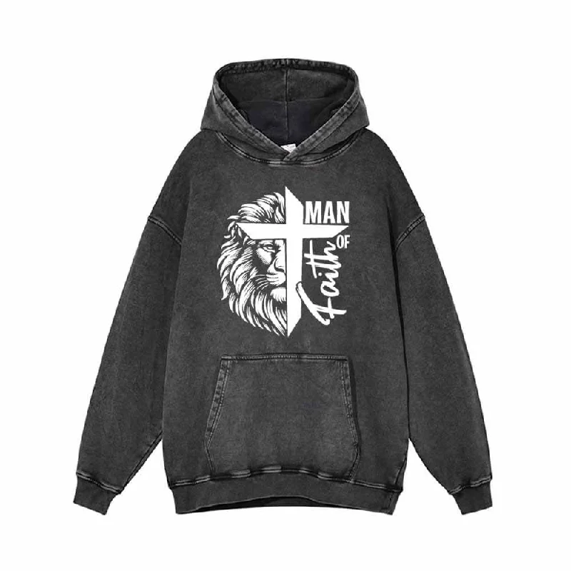 Man Of Faith Lion Print Vintage Washed Hoodie Hoodie with Batwing Sleeves Loose Dramatic