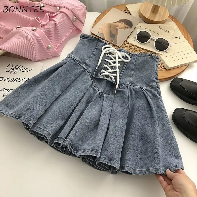 Pleated Denim Women Skirts tiered skirt playful