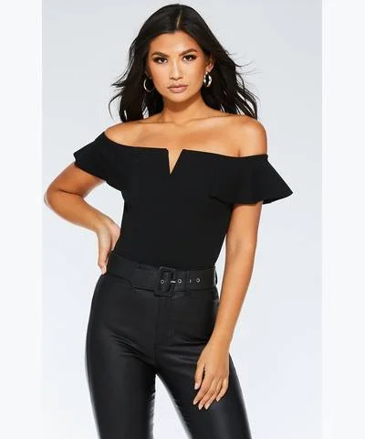 Black V Bar Frill Bodysuit Chic Off-Shoulder Bodysuit